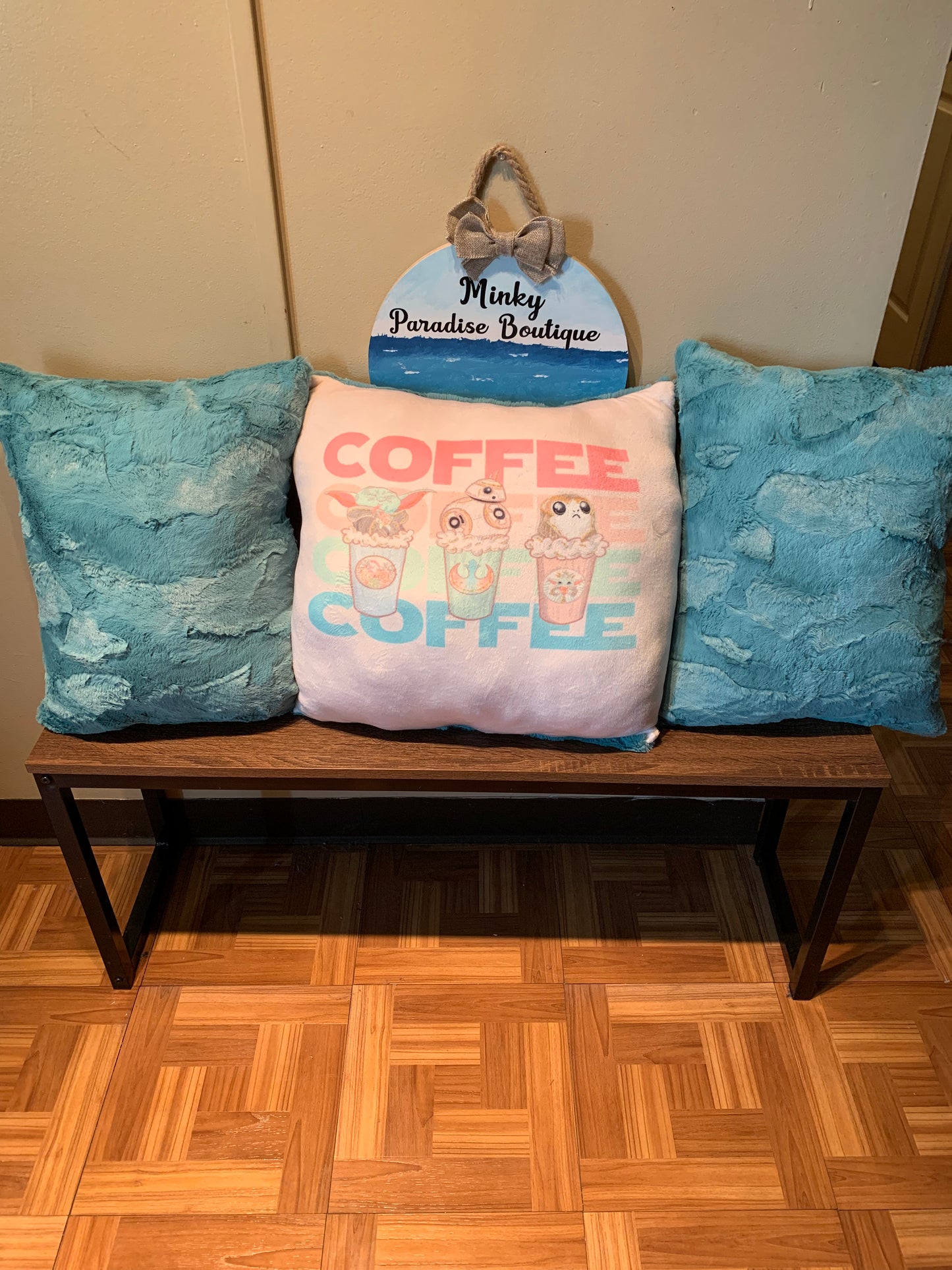 Coffee print /spearmint hide pillow set